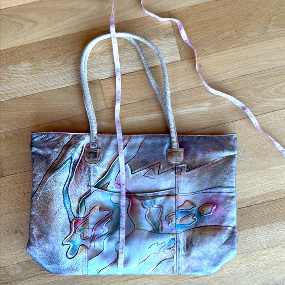 80’s RARE RETRO Leather Hand Painted Tote Shoulder Bag - Picture 8 of 17